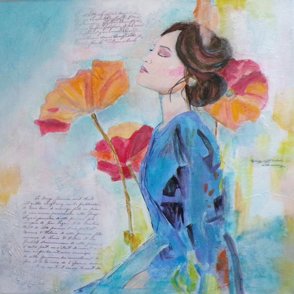 Original Abstract Woman Portrait Floral Wall Art